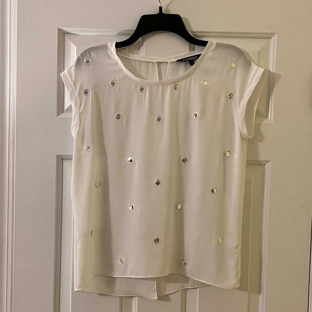 Express short sleeve white blouse with silver mirror sequins, size small